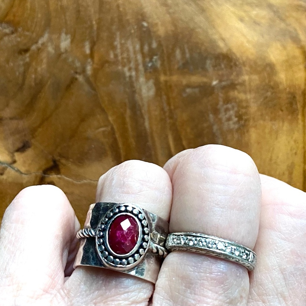 Genuine Red Ruby Hammered Sterling Silver Ring. - image 1